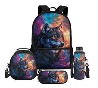 SEANATIVE Wolf Sac à dos décontracté pour garçons et enfants 4 pièces avec boîte à déjeuner, housse pour tasse à eau et trousse à crayons, Motif loup galaxie, Sacs à dos