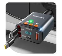 SEANCHEER Transmetteur FM Bluetooth Voiture 69W avec 2 Câbles Rétractables | Allume Cigare Bluetooth 5.3 avec USB-C et Lightning, Kit Main Libre Voiture et Adaptateur Radio FM pour Autoradio 12V/24V