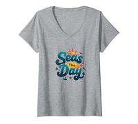 Seas The Day, croisière Amusante, Vacances Nautiques, océan, Soleil T-Shirt avec Col en V, Femme, Gris Chiné, M