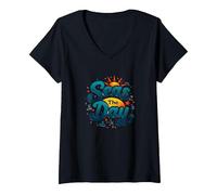 Seas The Day, croisière Amusante, Vacances Nautiques, océan, Soleil T-Shirt avec Col en V, Femme, Noir, XXL