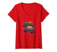 Seas The Day, croisière Amusante, Vacances Nautiques, océan, Soleil T-Shirt avec Col en V, Femme, Rouge, XL