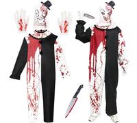 Seasboes Costume de Terrifier, Deguisement Clown Tueur Adulte, Costume Clown Tueur, Halloween Deguisement Clown Horreur Homme, Noire Blanche et Chapeau de Clown Masque pour Halloween Carnaval Cosplay