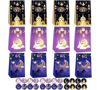 Seasboes Eid Mubarak Sacs-Cadeaux, 12 Morceaux De Sacs De Faveur Moubarak, Sacs-Cadeaux Ramadan Avec 24 Autocollants, DéCoration Musulmane Islamique Ramadan Traite Les Sacs En Papier Sac à Bonbons