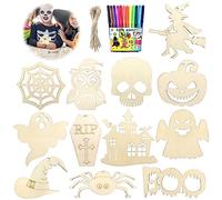 Seasboes Lot de 60 kits de bricolage en bois pour Halloween, décoration d'automne, pendentifs en bois non traité, avec 12 stylos aquarelle et corde de chanvre pour Halloween, bricolage, fête