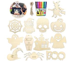 Seasboes Lot de 60 kits de bricolage en bois pour Halloween, décoration d'automne, pendentifs en bois non traité, avec 12 stylos aquarelle et corde de chanvre pour Halloween, bricolage, fête