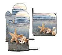 Seashells on the beach Lot de 3 gants de cuisine imprimés résistants à la chaleur et antidérapants avec boucle de suspension pour cuisine, grillades, pâtisseries, barbecues