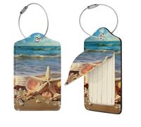 Seashells on The Sandy Beach Lot de 4 étiquettes de bagage en cuir synthétique avec boucle en acier inoxydable et carte d'adresse, étiquettes de bagage, étiquettes de voyage, étiquettes