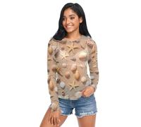 Seashells Starfish Beach Sand Mesh Sleeve for Women Long Sleeve See Through Tops for Women S-XXL, coquillages étoiles de mer plage sable, XX-Large
