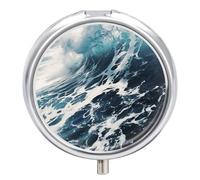 Seaside Waves Pilulier de voyage à 3 compartiments 3 fois par jour - Joli mini pilulier pour sac à main et poche - Boîte à médicaments portable en métal avec miroir - Récipient rond pour médicaments