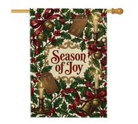 Season Of Joy Drapeau de maison de Noël avec citation de houx 71,1 x 101,6 | Style vintage, drapeau de pelouse, bougeoirs en laiton, grelots, feuillage d'hiver, sentiment de vacances