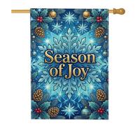 Season Of Joy Drapeau de maison de Noël avec citation flocon de neige 71,1 | Texte de calligraphie doré, drapeau de cour, verdure d'hiver, baies de houx, pommes de pin, accents étoilés