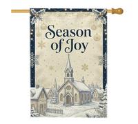 Season Of Joy Drapeau de maison de Noël Village d'hiver 71 x 101 cm | Paysage de village enneigé, drapeau de cour, accents de houx, typographie élégante, scène du pays des merveilles d'hiver