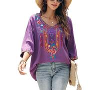 Seasonal T-Shirt brodé d'été pour Femmes, Chemise brodée, col en V, Manches Sept-Quarts, Hauts Longs, vêtements pour Femmes,Violet-328,L
