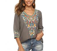 Seasonal T-Shirt brodé d'été pour Femmes, Chemise brodée, col en V, Manches Sept-Quarts, Hauts Longs, vêtements pour Femmes,Gris-054,2XL