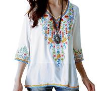 Seasonal T-Shirt brodé d'été pour Femmes, Chemise brodée, col en V, Manches Sept-Quarts, Hauts Longs, vêtements pour Femmes,Blanc-054,XL