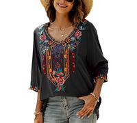 Seasonal T-Shirt brodé d'été pour Femmes, Chemise brodée, col en V, Manches Sept-Quarts, Hauts Longs, vêtements pour Femmes,Noir-328,S