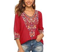 Seasonal T-Shirt brodé d'été pour Femmes, Chemise brodée, col en V, Manches Sept-Quarts, Hauts Longs, vêtements pour Femmes,Rouge-054,XL