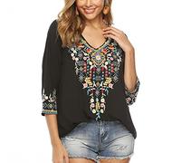 Seasonal T-Shirt brodé d'été pour Femmes, Chemise brodée, col en V, Manches Sept-Quarts, Hauts Longs, vêtements pour Femmes,Noir-054,M