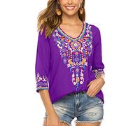 Seasonal T-Shirt brodé d'été pour Femmes, Chemise brodée, col en V, Manches Sept-Quarts, Hauts Longs, vêtements pour Femmes,Violet-054,XL