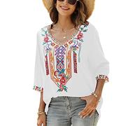 Seasonal T-Shirt brodé d'été pour Femmes, Chemise brodée, col en V, Manches Sept-Quarts, Hauts Longs, vêtements pour Femmes,Blanc-328,M