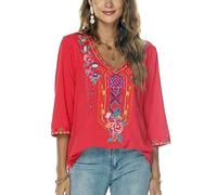 Seasonal T-Shirt brodé d'été pour Femmes, Chemise brodée, col en V, Manches Sept-Quarts, Hauts Longs, vêtements pour Femmes,Rouge-328,XL