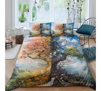 Seasons Arbre Art Parure de Lit 3 pièces 3D Effet Microfibre résistante Fantaisie Nature Peinture Housse de Couette avec Fermeture Éclair Facile d'entretien for Enfant Super King（260x220cm）