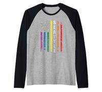 Seattle Us American Flag Rainbow Gay LGBT Pride Month Manche Raglan