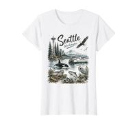 Seattle Washington Nature Scene MT Rainier Orca Eagle Seal T-Shirt Graphique avec Valeur, Femme, Blanc, XS