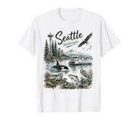 Seattle Washington Nature Scene MT Rainier Orca Eagle Seal T-Shirt Graphique avec Valeur, Homme, Blanc, S