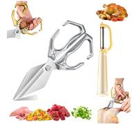 Seattleget Multifunctional Heavy-Duty Kitchen Shears,Stainless steel food scissors,2 in 1 cooking scissors with non-slip handle,Poultry shears for Chicken, Meat, Seafood, Bone Cutting (Silver)