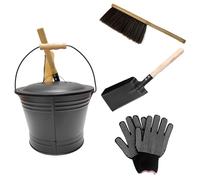 Seau à cendres de cheminée 4 pièces/ensemble seau à cendres en métal avec couvercle, pelle, balai et gants pour foyers, foyer, poêles bois avec couvercle et pelle, avec cheminée