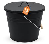 Seau à cendres en zinc ovale avec poignée en bois et couvercle - 15 l - Noir - Seau en métal pour planter ou transporter - Décoration de jardin - Seau à cendres - Seau à glace - Seau à champagne