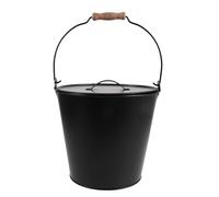 Seau à cendres noir en fer avec couvercle et poignée en bois | Collecte efficace des cendres, récipient ignifuge pour poêle à bois, adapté au foyer à bûches, finition noire lisse