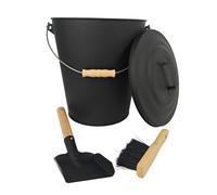 Seau à cendres Relaxdays avec couvercle, 24 l, balayette et pelle incluses, poignée en bois, noir/nature