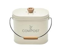 Seau à Compost Ovale - Filtre Charbon Anti-Odeurs - Acier Peint Vert Sauge - Poignée Bois - Bac Compost Cuisine Compact - Composteur de Cuisine Design - Garantie 5 Ans (Beige, 3L)
