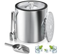 Seau à Glace, 2L Bac à Glaçons Rond Avec Passoire et Pince à Glace, Seau à Glace avec Pelle, Bac à Glaçons en Inox, Refroidisseur de Glaçons, pour Rafraîchir la Bière le Champagne le Vin