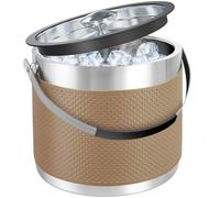 Seau a glacon en acier inoxydable de 3,2 litres avec couvercle et pelle, Design en cuir amélioré seau a glacon isotherme double paroi pour les bars à cocktails et les fêtes (marron)