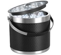 Seau a glacon en acier inoxydable de 3,2 litres avec couvercle et pelle, Design en cuir amélioré seau a glacon isotherme double paroi pour les bars à cocktails et les fêtes (Noir)