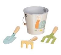 goki 63870 Escargot, Seau avec bêche, râteau et Fourche à Creuser, Outil de Jardin coloré favorise l'imagination et l'intérêt pour la Nature, Le Bois et Le métal, Lot de 4, à partir de 3 Ans,