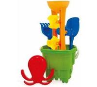 Seau chateau fort 22cm + moulin a eau sable 35cm + moule + pelle + rateau - coloris aleatoire - set plage enfant + carte - jeux jouets