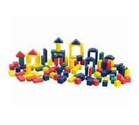Playtastic Seau de 100 Blocs de Construction en Bois en 4 Couleurs et 6 Formes