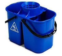 Seau de vadrouille Fox avec essoreur central - 2 eaux (propre-sale) 6,8 l en polypropylène - Panneau de danger imprimé des deux côtés du seau (bleu)