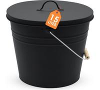 Seau en zinc décoratif Ovale avec poignée en bois et couvercle 15 L - noir - Seau en métal pour planter ou transporter