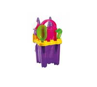 Seau garni chateau fort 16 cm avec tamis, arrosoir, pelle, rateau, moules a sable - Coloris Violet pailletes - Jeu de plage enfants