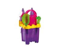 Seau Garni Chateau Fort 16 cm avec Tamis, arrosoir, Pelle, rateau, moules a Sable - Coloris Violet Pailletes - Set Jeu de Plage Enfants avec 1 Carte