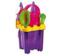 Seau Garni Chateau Fort 16 Cm Avec Tamis, Arrosoir, Pelle, Rateau, Moules A Sable - Coloris Violet Pailletes - Jeu De Plage Enfants