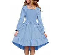 SEAUR Bleu Robe Décontractée Automne Fille Robe a Line Manche Longue Basic col Encolure Carrée Smocks Robes Doux Couleur Unie 13-14 Ans