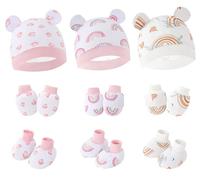 SEAUR Bonnets de Naissance avec Moufles de Protection et Chaussettes Bébés 3 Pièces Ensemble de Chapeau Élastique pour Nouveau-né Couleur 3 0-6 Mois