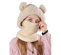 SEAUR Cagoule Filles 4-10 Ans Bonnet Écharpe Doublé d'hiver Chaud Tricoté Chapeau 3 en 1 pour Enfants Beige