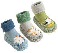 SEAUR Chaussettes de sol 3 Paires Pantoufle Chaussettes Antidérapante Bébé Fille Garçon Hiver Chaussettes Épaisses à Mi-Mollet Couleur 1 14 12-18 Mois